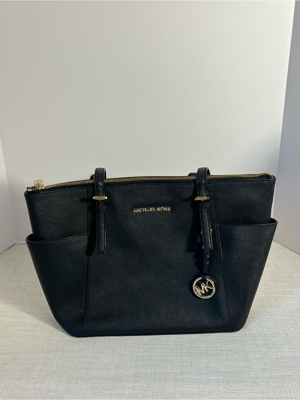 Michael Kors Black Leather Top-Zip Tote with Gold Hardware